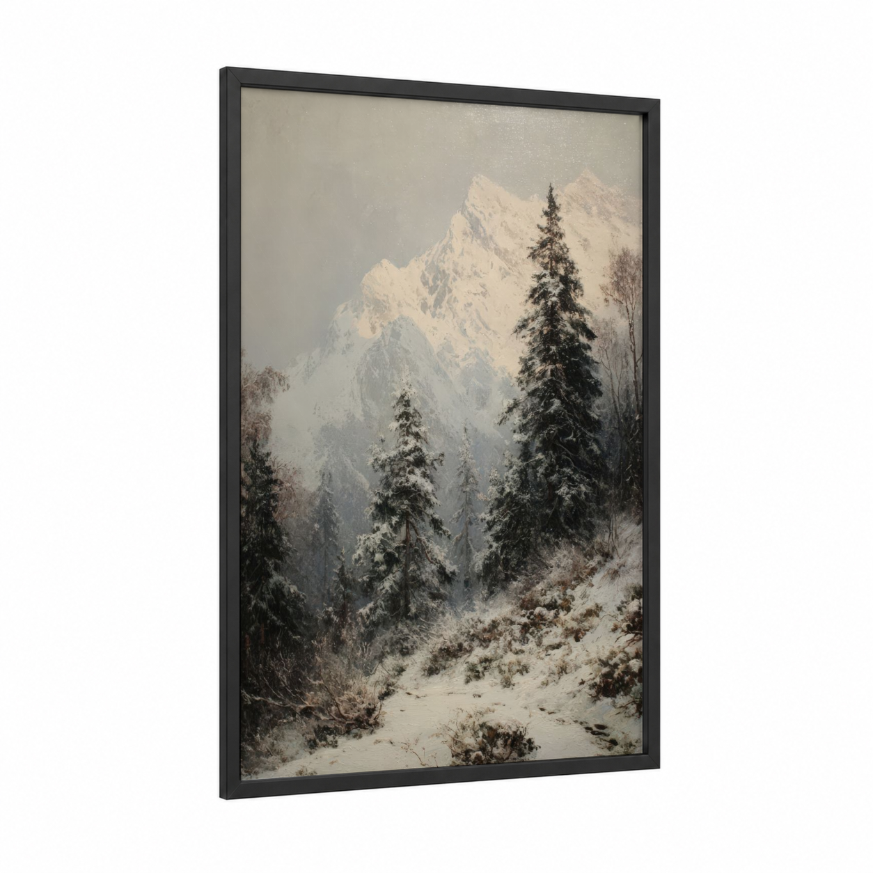 Snowy Mountain Vista framed snowy mountains print — black wood frame — white and gray palette