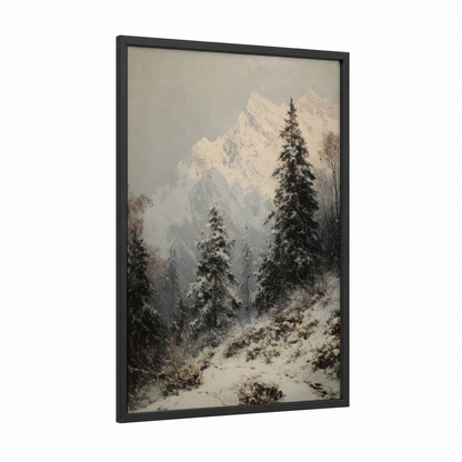 Snowy Mountain Vista framed snowy mountains print — black wood frame — white and gray palette