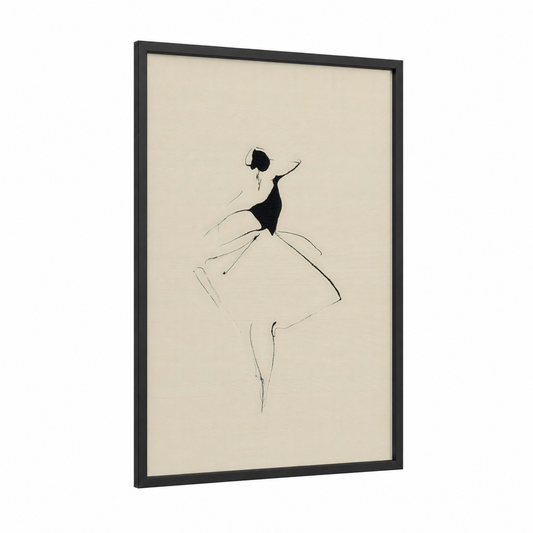 Graceful Flamenco framed art print — black wood frame — black and white and cream palette