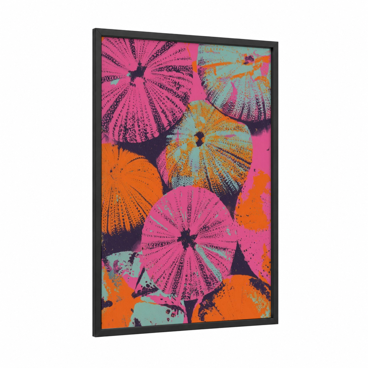 Neon Sea Urchins framed art print — black wood frame — magenta and orange palette