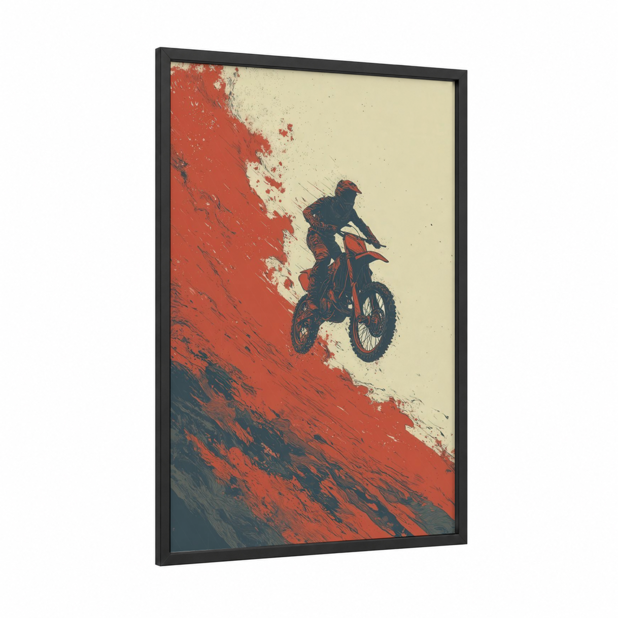 Desert Rider framed vintage motorcycle print — black wood frame — red and cream palette
