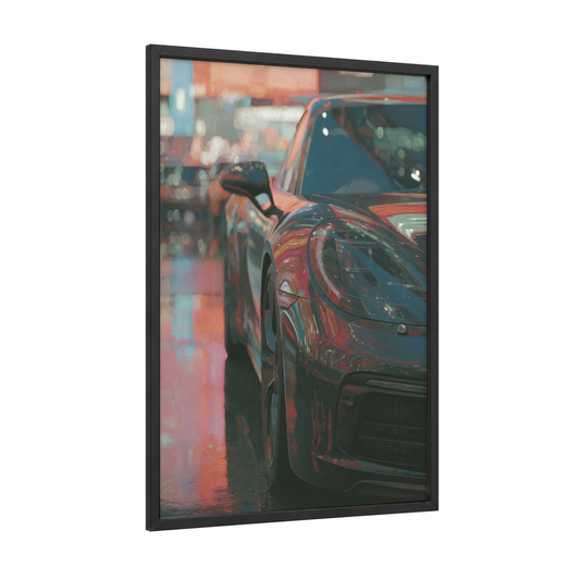 Neon Sports Car framed art print — black wood frame — red and blue palette