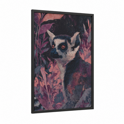 Crimson Lemur framed art print — black wood frame — magenta and black palette