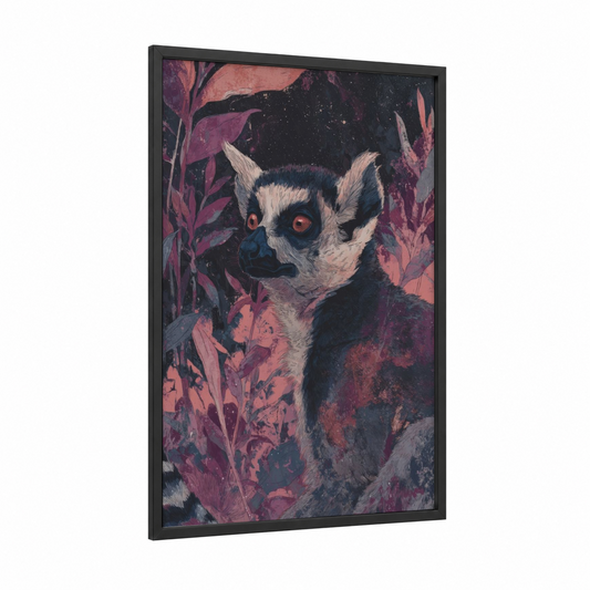 Crimson Lemur framed art print — black wood frame — magenta and black palette