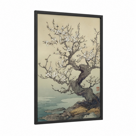 Coastal Bonsai framed bonsai tree print — black wood frame — cream and aquamarine palette