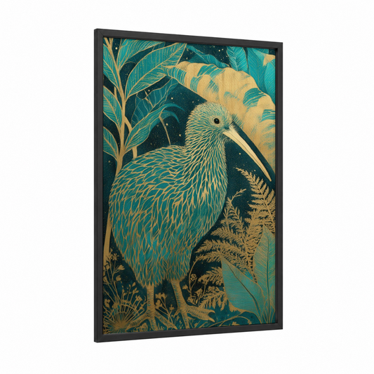 Golden Kiwi framed art print — black wood frame — gold and teal palette