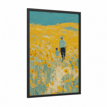 Sunflower Field Walk framed father's day print — black wood frame — yellow gold and teal palette