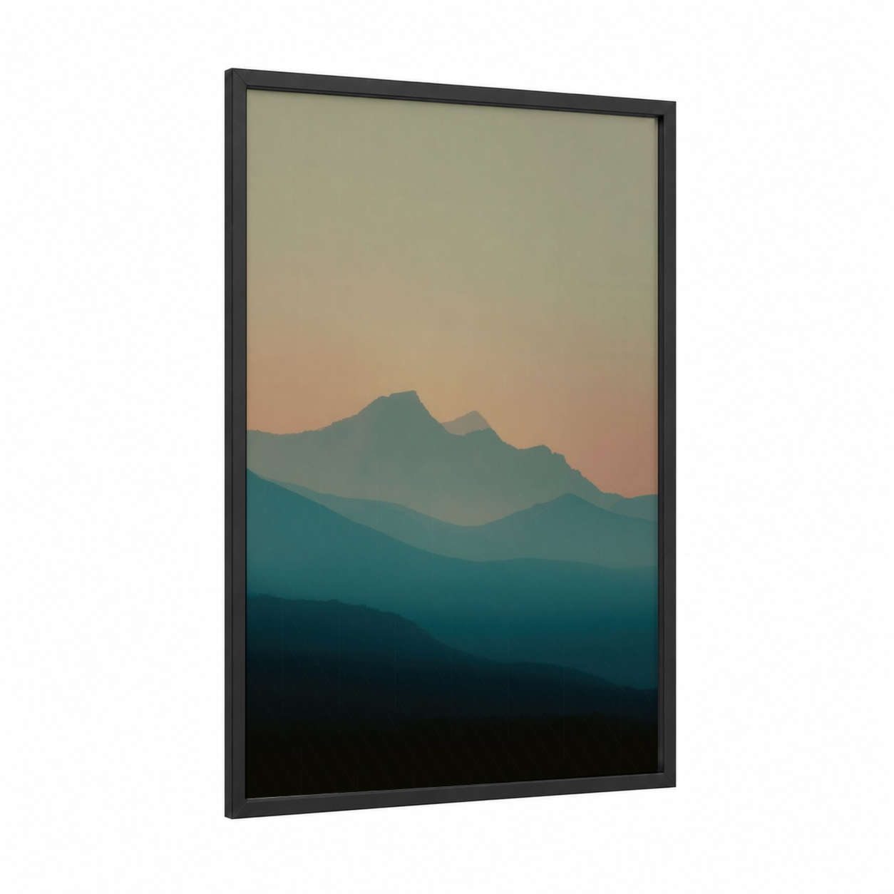 Alpine Dusk framed alps print — black wood frame — teal and peach palette