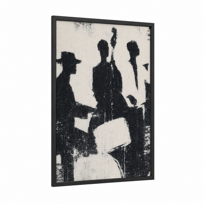 Jazz Ensemble Silhouette framed art print — black wood frame — black and white and cream palette