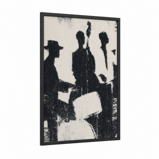 Jazz Ensemble Silhouette framed art print — black wood frame — black and white and cream palette
