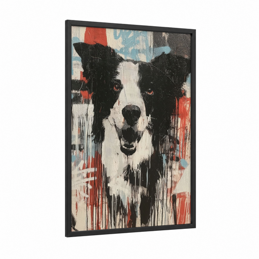 Modern Shepherd framed shepherd dogs and collies print — black wood frame — black and white and red palette