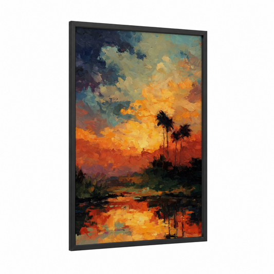 Tropical Oasis Sunset framed art print — black wood frame — gold and orange palette
