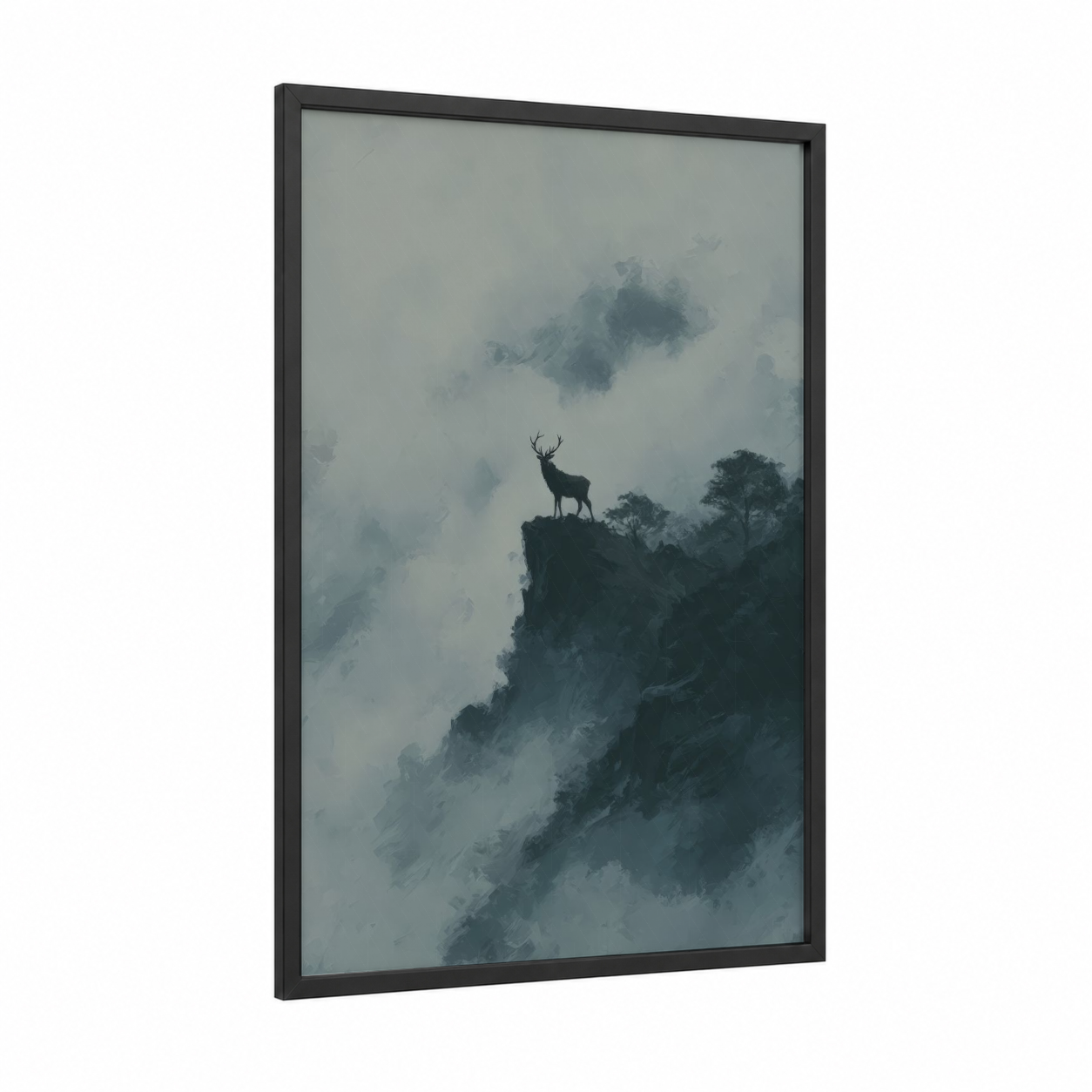 Misty Mountain Elk framed art print — black wood frame — gray and dove gray palette