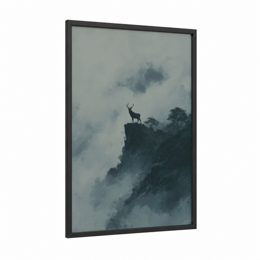 Misty Mountain Elk framed art print — black wood frame — gray and dove gray palette