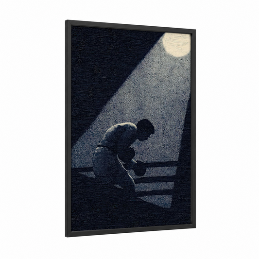 Moonlit Boxer framed kick boxing print — black wood frame — black and white and dove gray palette