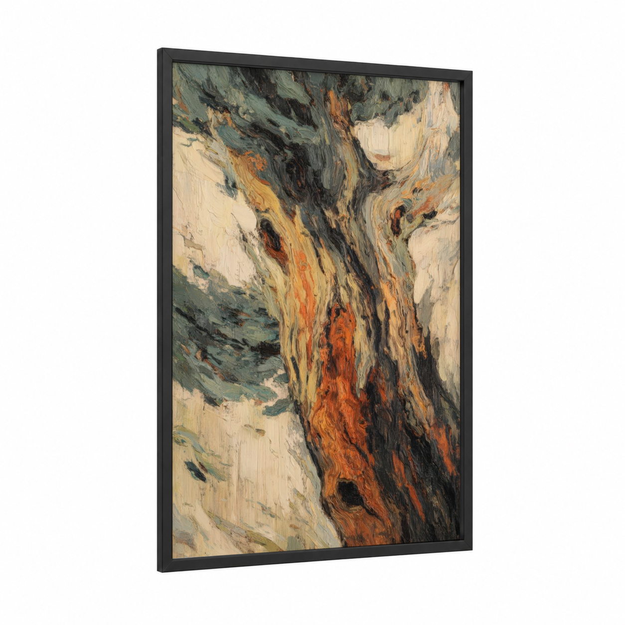 Weathered Arbutus framed arbutus tree print — black wood frame — gold and black palette