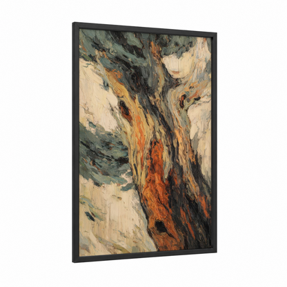 Weathered Arbutus framed arbutus tree print — black wood frame — gold and black palette