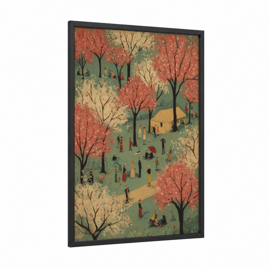Cherry Blossom Festival framed spring print — black wood frame — red and green palette