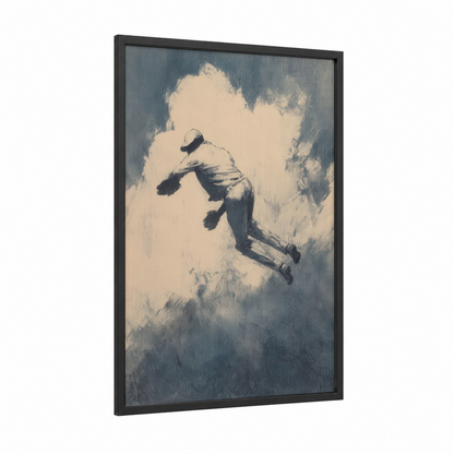 Diving Cricketer framed art print — black wood frame — gray and cream palette
