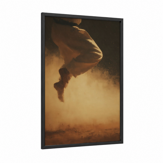 Golden Capoeira framed art print — black wood frame — gold and espresso palette