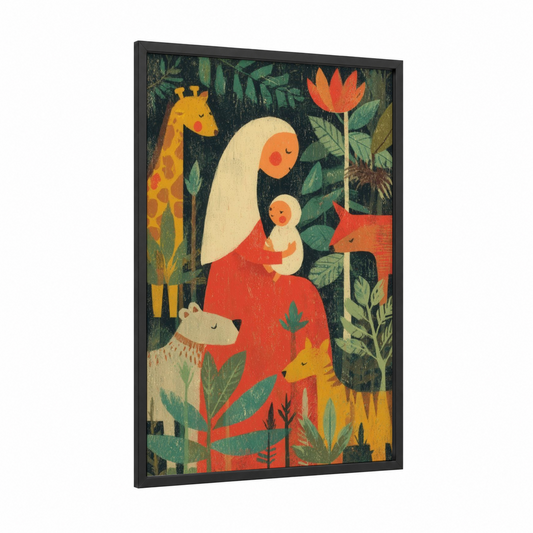 Mother's Garden framed mother's day print — black wood frame — orange and green palette