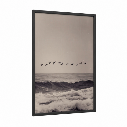 Coastal Pelican Flight framed art print — black wood frame — black and white and gray palette
