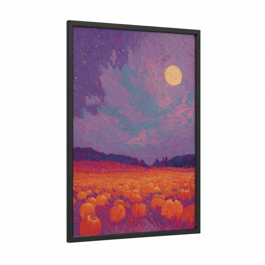 Mystical Pumpkin Harvest framed halloween print — black wood frame — purple and orange palette
