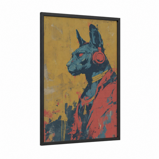 Neon Sphinx framed art print — black wood frame — gold and red palette