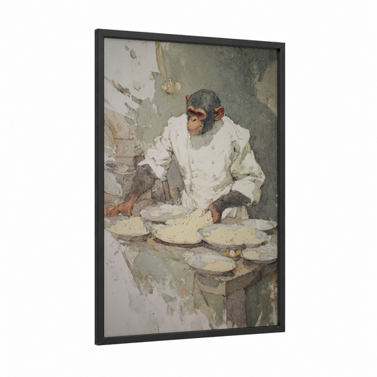 Baker Monkey framed art print — black wood frame — cream and gray palette