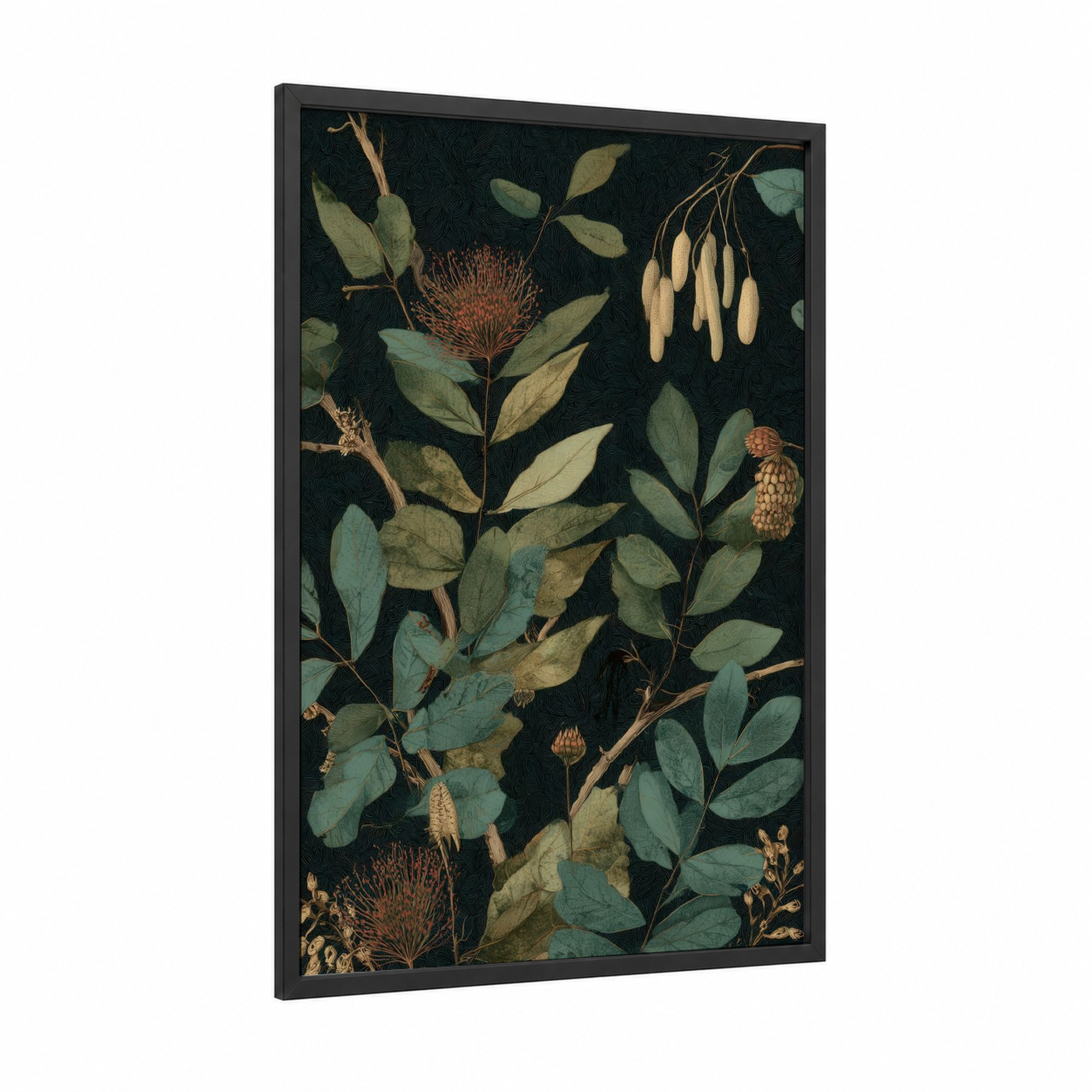 Botanical Savanna framed savanna and desert trees print — black wood frame — dark green and russet palette