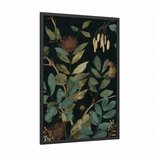 Botanical Savanna framed savanna and desert trees print — black wood frame — dark green and russet palette