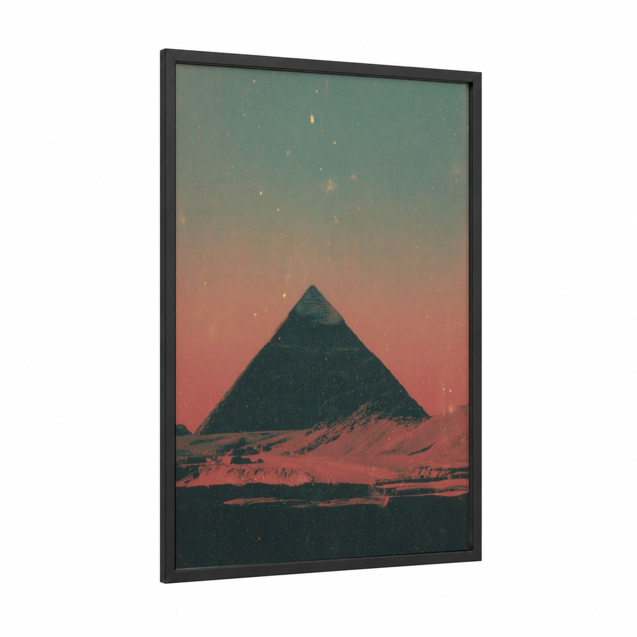 Crimson Pyramid framed great pyramid of giza print — black wood frame — salmon pink and teal palette
