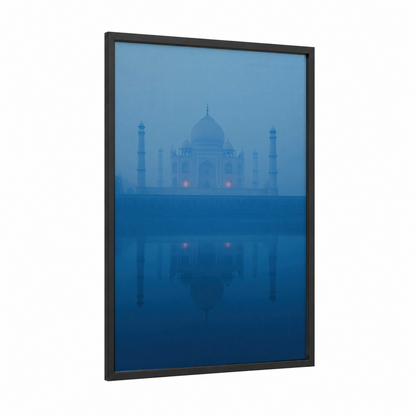 Taj Mahal Dawn framed monuments print — black wood frame — blue and gold palette