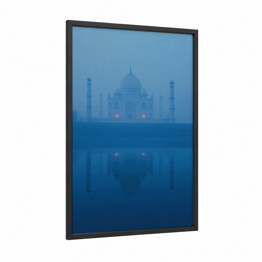 Taj Mahal Dawn framed monuments print — black wood frame — blue and gold palette