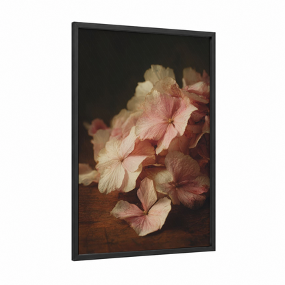Faded Hydrangea framed art print — black wood frame — rose gold and cream palette