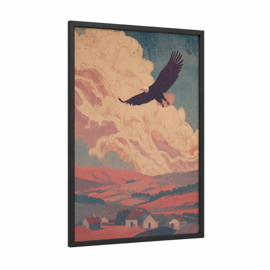 Eagle's Vigil framed labor day print — black wood frame — peach and teal palette