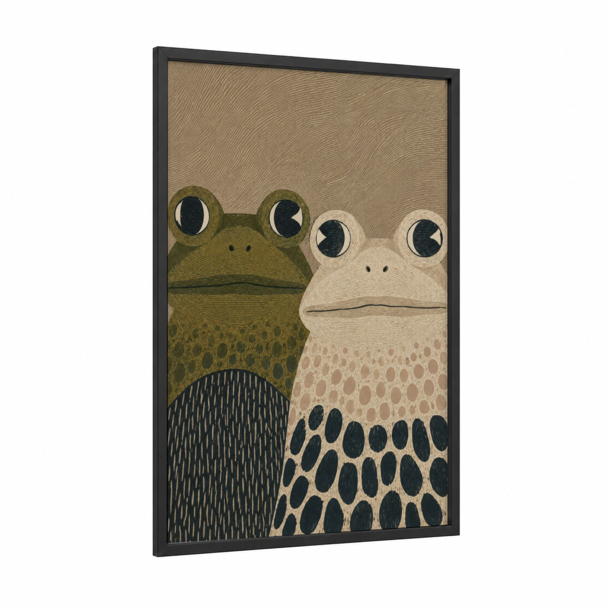 Two Frogs Textured Folk Wall Art framed frogs and toads print — black wood frame — olive and beige palette