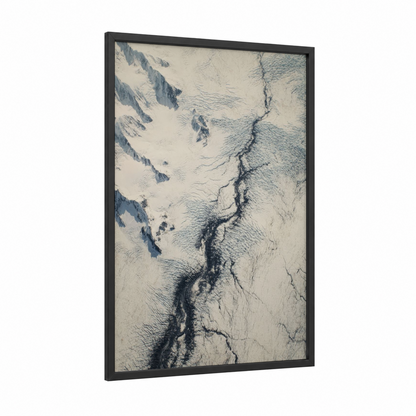 Alpine Glacial Peaks framed glacier print — black wood frame — gray and white palette
