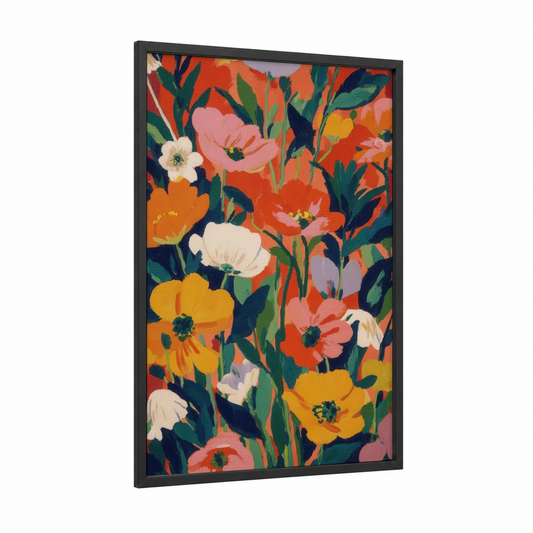 Vibrant Wildflower Field framed art print — black wood frame — orange and pink palette