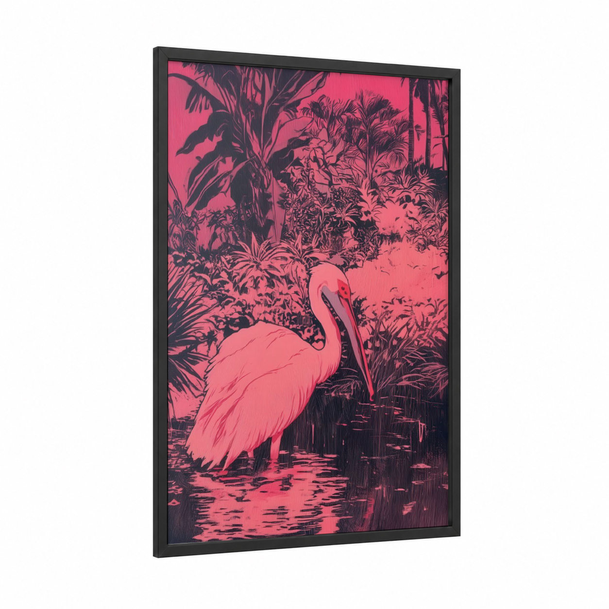 Tropical Pelican framed art print — black wood frame — magenta and black palette