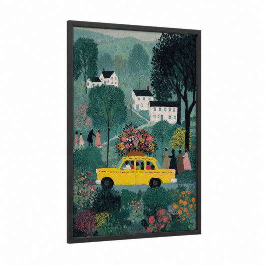 Yellow Taxi Garden framed taxi cab print — black wood frame — green and pink palette