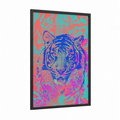 Neon Tiger framed art print — black wood frame — blue and magenta palette