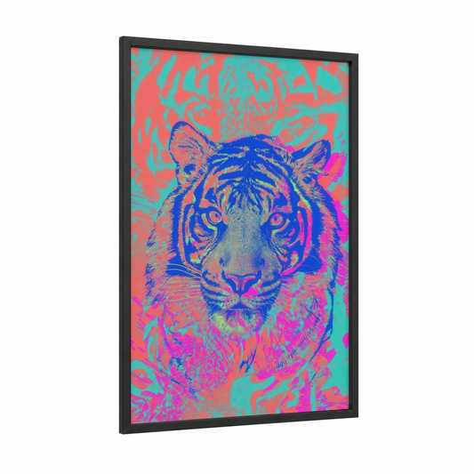 Neon Tiger framed art print — black wood frame — blue and magenta palette