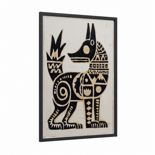 Geometric Llama framed abstract traditional print — black wood frame — black and white and cream palette