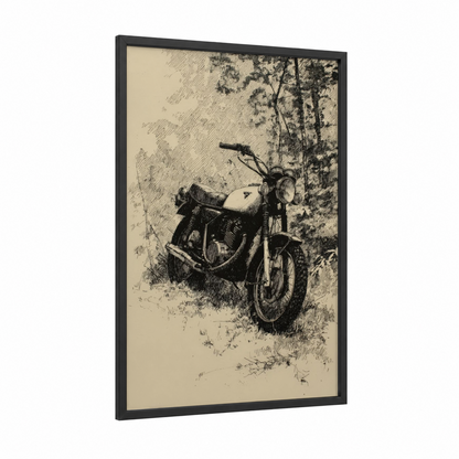 Forest Cruiser framed vintage motorcycle print — black wood frame — black and white and cream palette