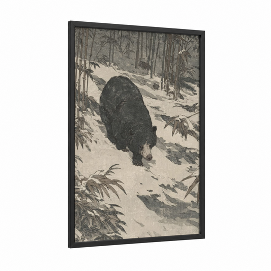 Snowy Sloth Bear framed art print — black wood frame — gray and white and black and white palette