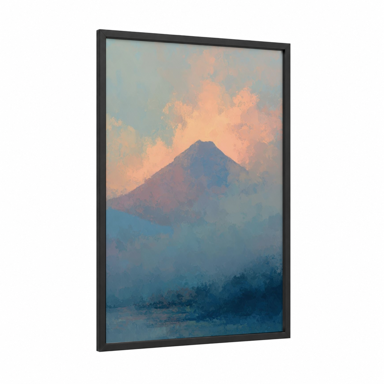 Dawn Volcano framed art print — black wood frame — blue and peach palette