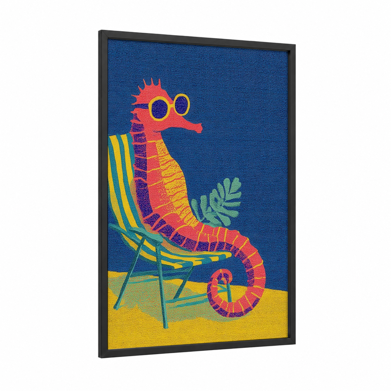 Coral Seahorse framed sea horse print — black wood frame — blue and yellow gold palette
