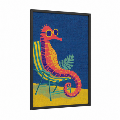Coral Seahorse framed sea horse print — black wood frame — blue and yellow gold palette