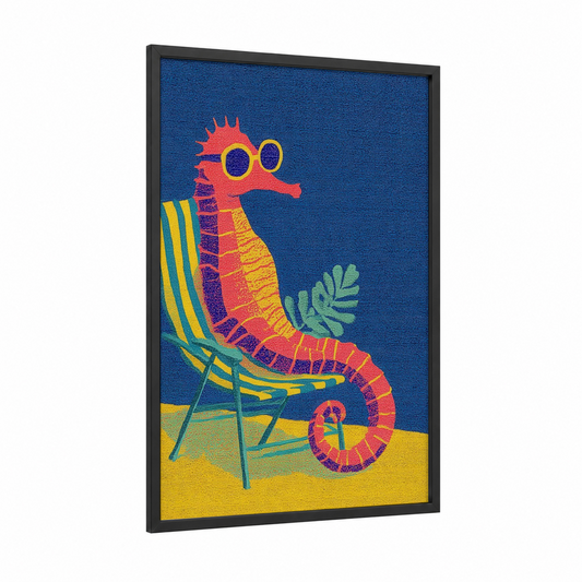 Coral Seahorse framed sea horse print — black wood frame — blue and yellow gold palette